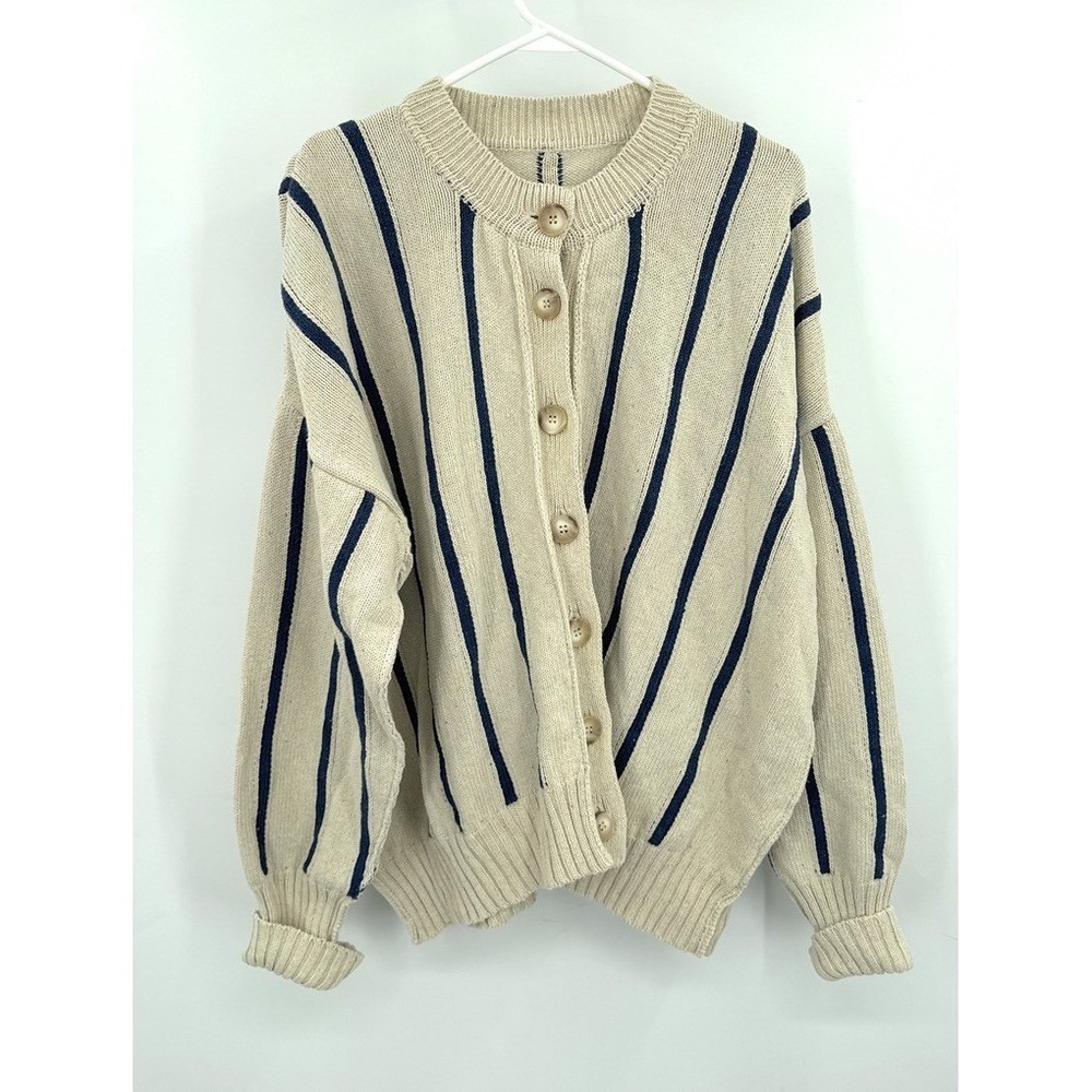 We The Free Free People Striped Oversized Cardigan Sweater Cream Navy Blue M